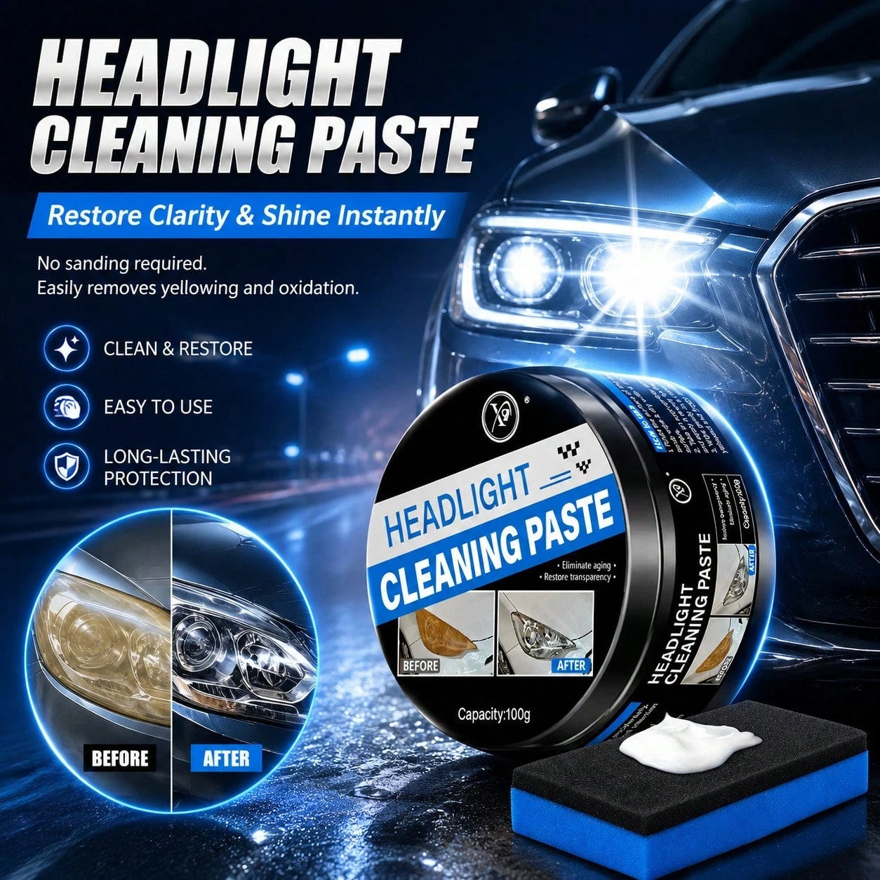 Car Headlight Restoration Kit, Ceramic Headlight Cleaner & Restorer, Removes Scratches,Oxidation & Yellowing, Nano Coating With Sponge Applicator For All Car Lamps, Long-LastingClear Finish Headlight