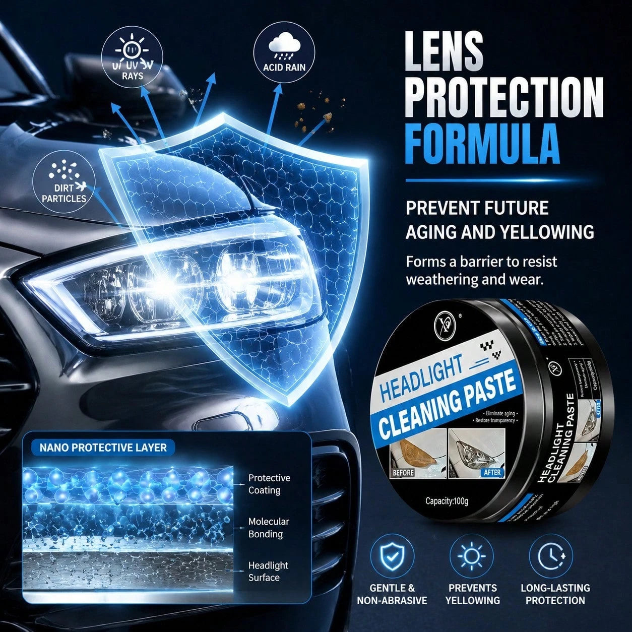 Car Headlight Restoration Kit, Ceramic Headlight Cleaner & Restorer, Removes Scratches,Oxidation & Yellowing, Nano Coating With Sponge Applicator For All Car Lamps, Long-LastingClear Finish Headlight