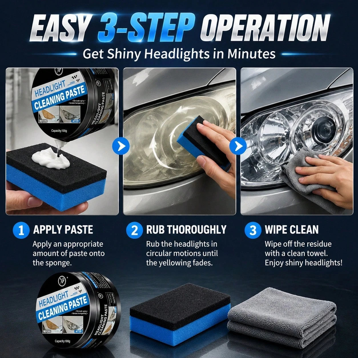 Car Headlight Restoration Kit, Ceramic Headlight Cleaner & Restorer, Removes Scratches,Oxidation & Yellowing, Nano Coating With Sponge Applicator For All Car Lamps, Long-LastingClear Finish Headlight