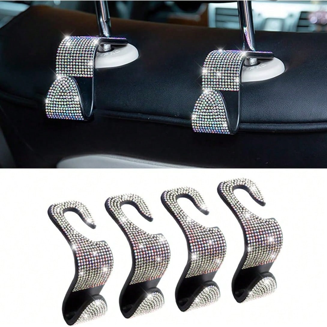 Car Interior 4pcs Glittering Car Hook, Car Seat Headrest Multifunctional Hook, Universal Car Interior Accessories, Crystal Rear Seat Rack For Men And Women Storage Finishing Bag, Car Accessories Car H