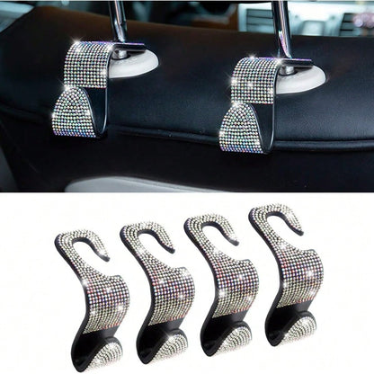 Car Interior 4pcs Glittering Car Hook, Car Seat Headrest Multifunctional Hook, Universal Car Interior Accessories, Crystal Rear Seat Rack For Men And Women Storage Finishing Bag, Car Accessories Car H