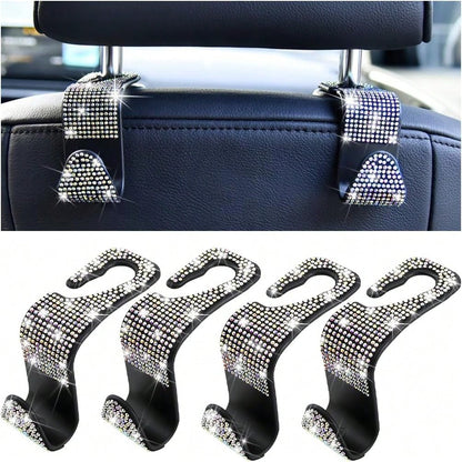 Car Interior 4pcs Glittering Car Hook, Car Seat Headrest Multifunctional Hook, Universal Car Interior Accessories, Crystal Rear Seat Rack For Men And Women Storage Finishing Bag, Car Accessories Car H