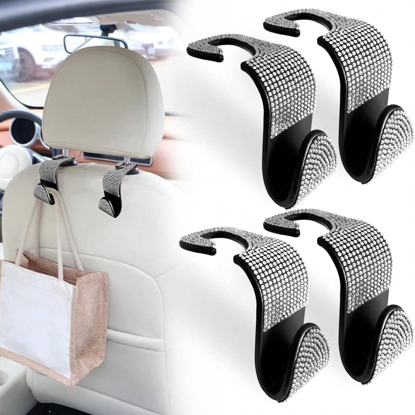 Car Interior 4pcs Glittering Car Hook, Car Seat Headrest Multifunctional Hook, Universal Car Interior Accessories, Crystal Rear Seat Rack For Men And Women Storage Finishing Bag, Car Accessories Car H