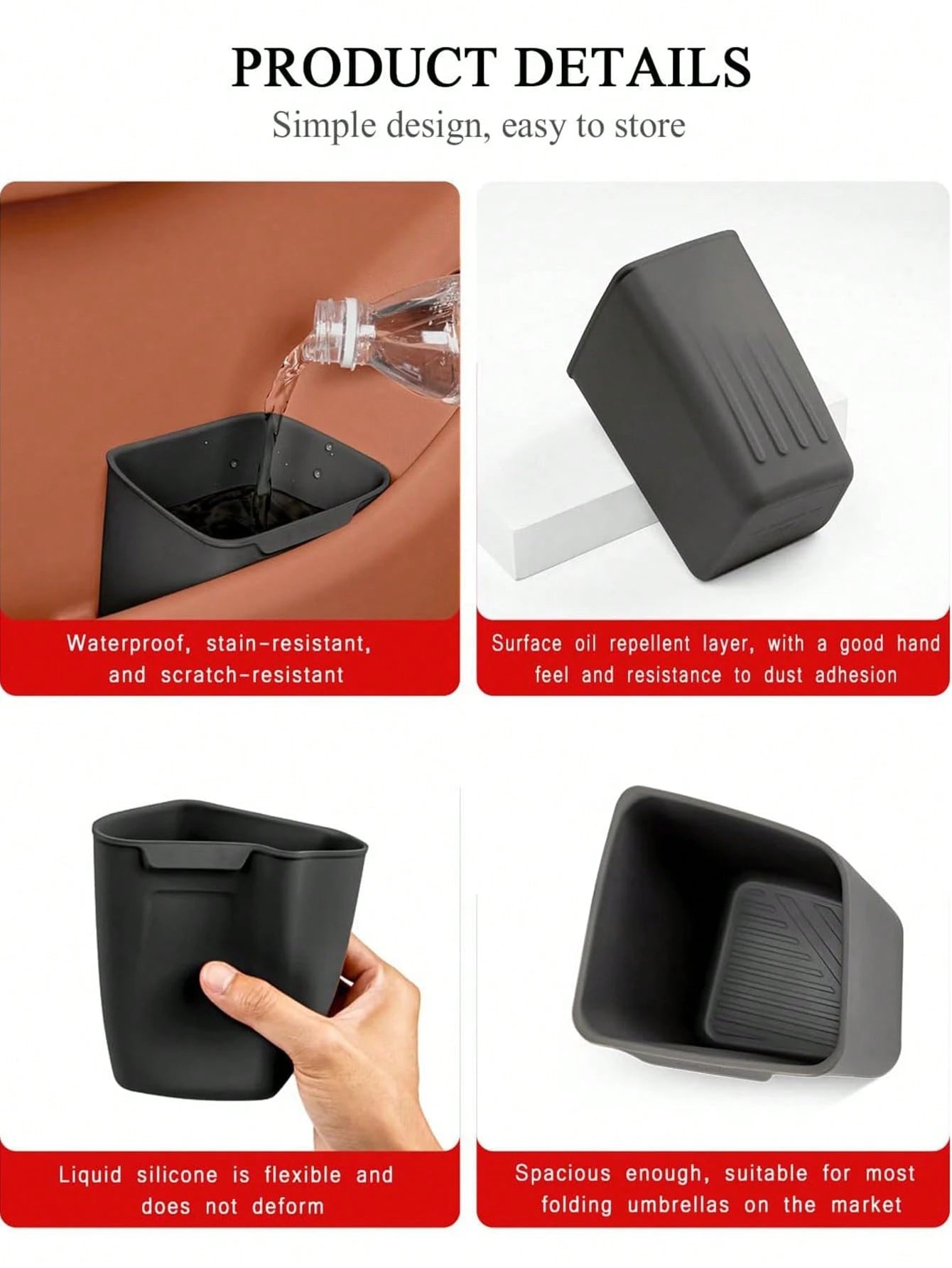 Car Interior Storage Box, Black Silicone Car Door Side Organizer With Umbrella Holder And Trash Can, Car Accessories (Black)
