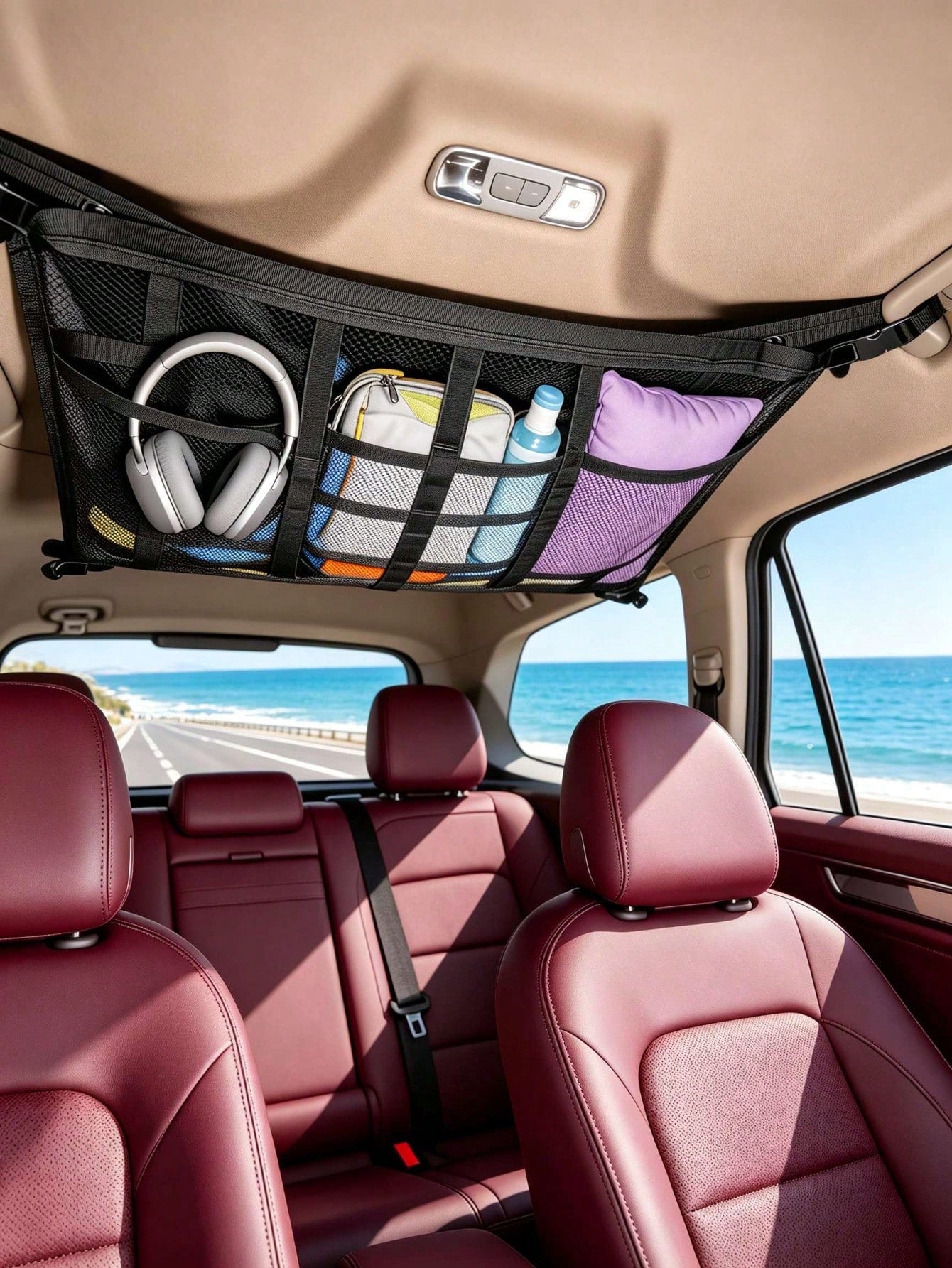 Car Overhead Mesh Storage Net For SUV Ceiling, 3 Reinforced Hook-Loop Straps & 3 Extra Pockets For Tissue Glasses Wallet, Quick No-Drill Hanging Interior Organizer, Road Trip Car Camping Essential 66C