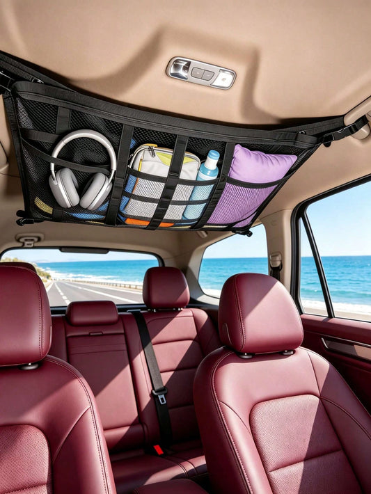Car Overhead Mesh Storage Net For SUV Ceiling, 3 Reinforced Hook-Loop Straps & 3 Extra Pockets For Tissue Glasses Wallet, Quick No-Drill Hanging Interior Organizer, Road Trip Car Camping Essential 66C