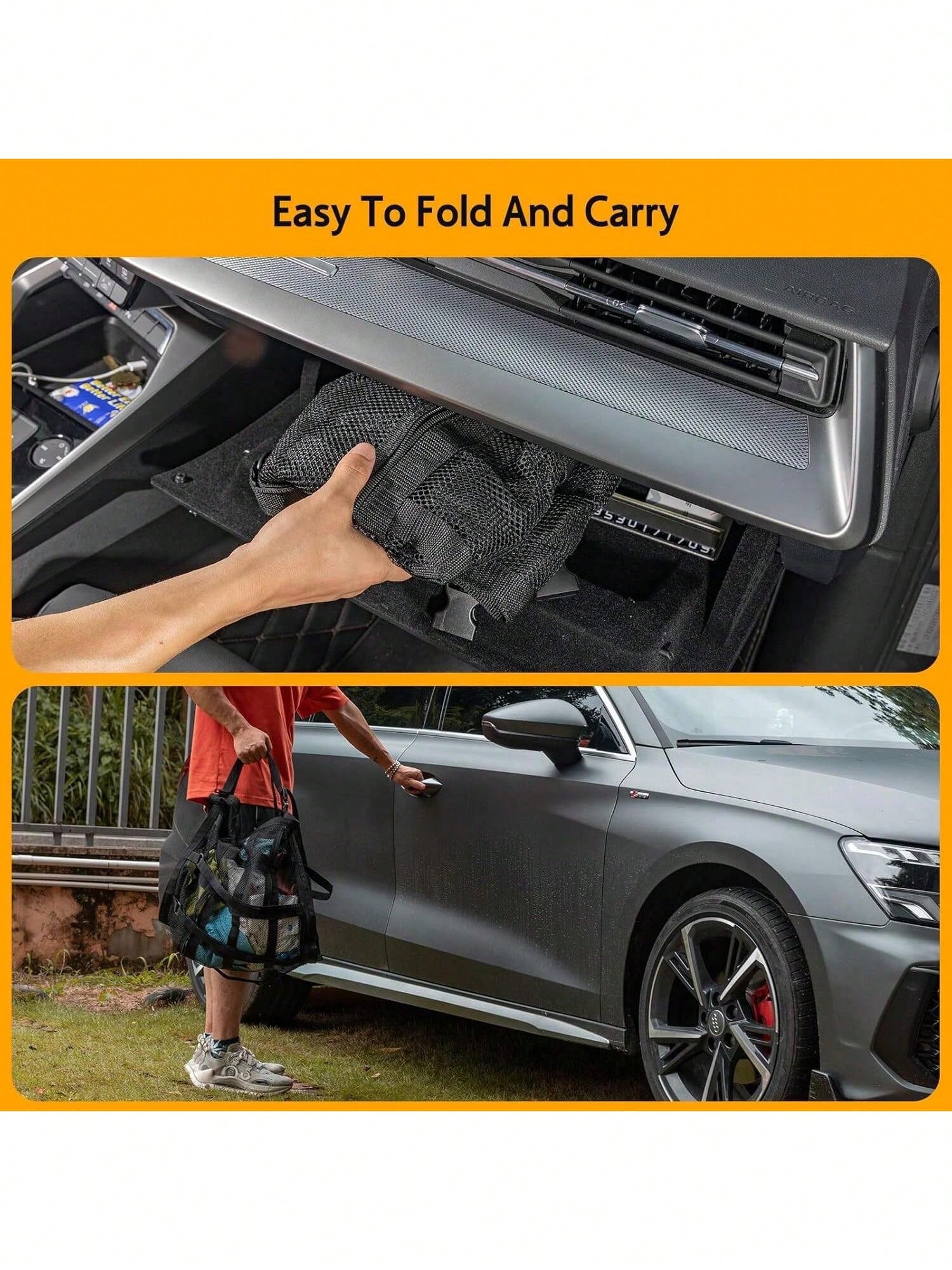 Car Overhead Mesh Storage Net For SUV Ceiling, 3 Reinforced Hook-Loop Straps & 3 Extra Pockets For Tissue Glasses Wallet, Quick No-Drill Hanging Interior Organizer, Road Trip Car Camping Essential 66C