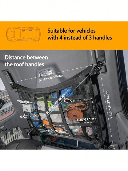 Car Overhead Mesh Storage Net For SUV Ceiling, 3 Reinforced Hook-Loop Straps & 3 Extra Pockets For Tissue Glasses Wallet, Quick No-Drill Hanging Interior Organizer, Road Trip Car Camping Essential 66C