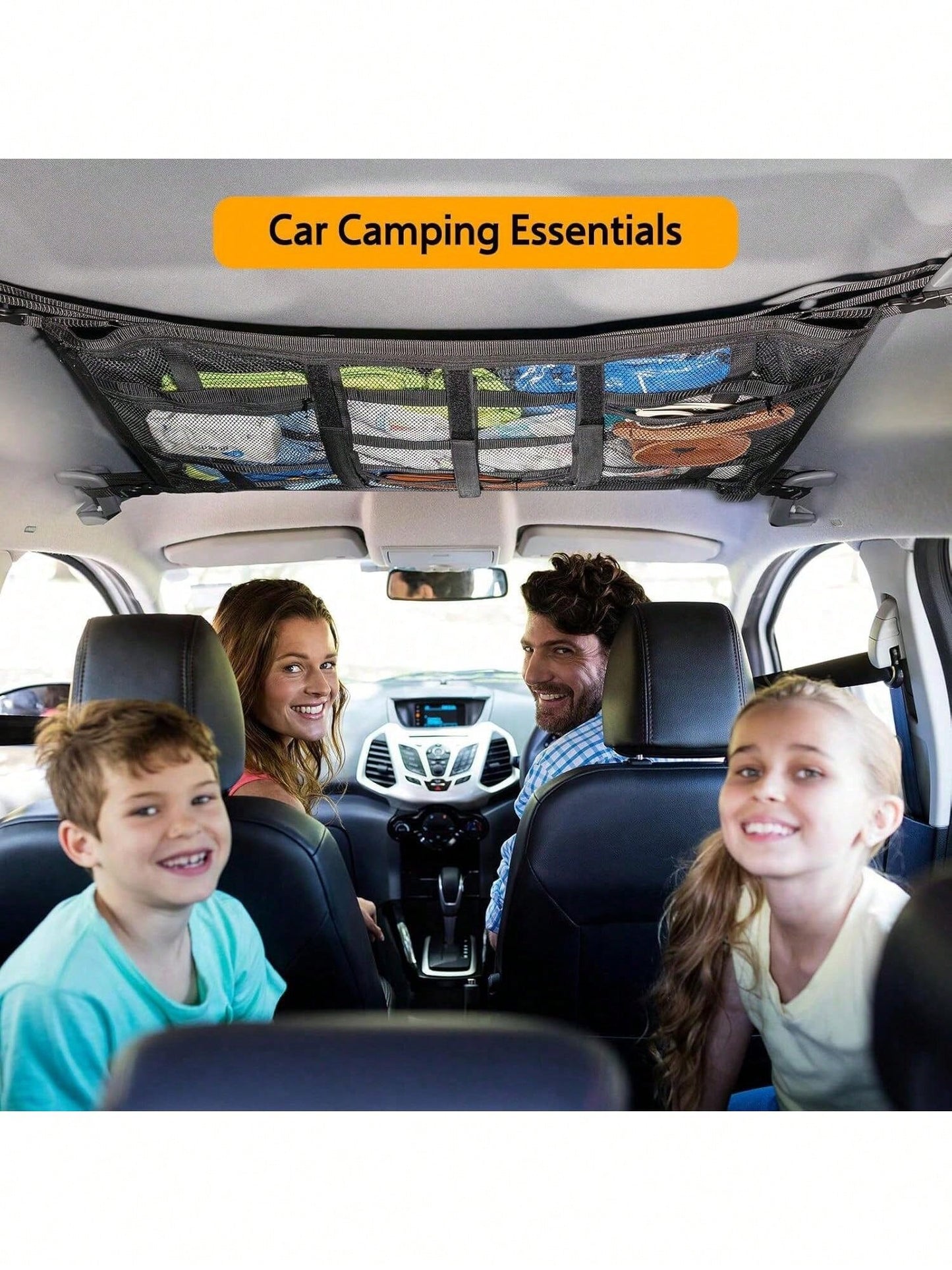 Car Overhead Mesh Storage Net For SUV Ceiling, 3 Reinforced Hook-Loop Straps & 3 Extra Pockets For Tissue Glasses Wallet, Quick No-Drill Hanging Interior Organizer, Road Trip Car Camping Essential 66C
