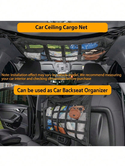 Car Overhead Mesh Storage Net For SUV Ceiling, 3 Reinforced Hook-Loop Straps & 3 Extra Pockets For Tissue Glasses Wallet, Quick No-Drill Hanging Interior Organizer, Road Trip Car Camping Essential 66C