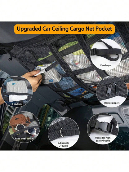 Car Overhead Mesh Storage Net For SUV Ceiling, 3 Reinforced Hook-Loop Straps & 3 Extra Pockets For Tissue Glasses Wallet, Quick No-Drill Hanging Interior Organizer, Road Trip Car Camping Essential 66C