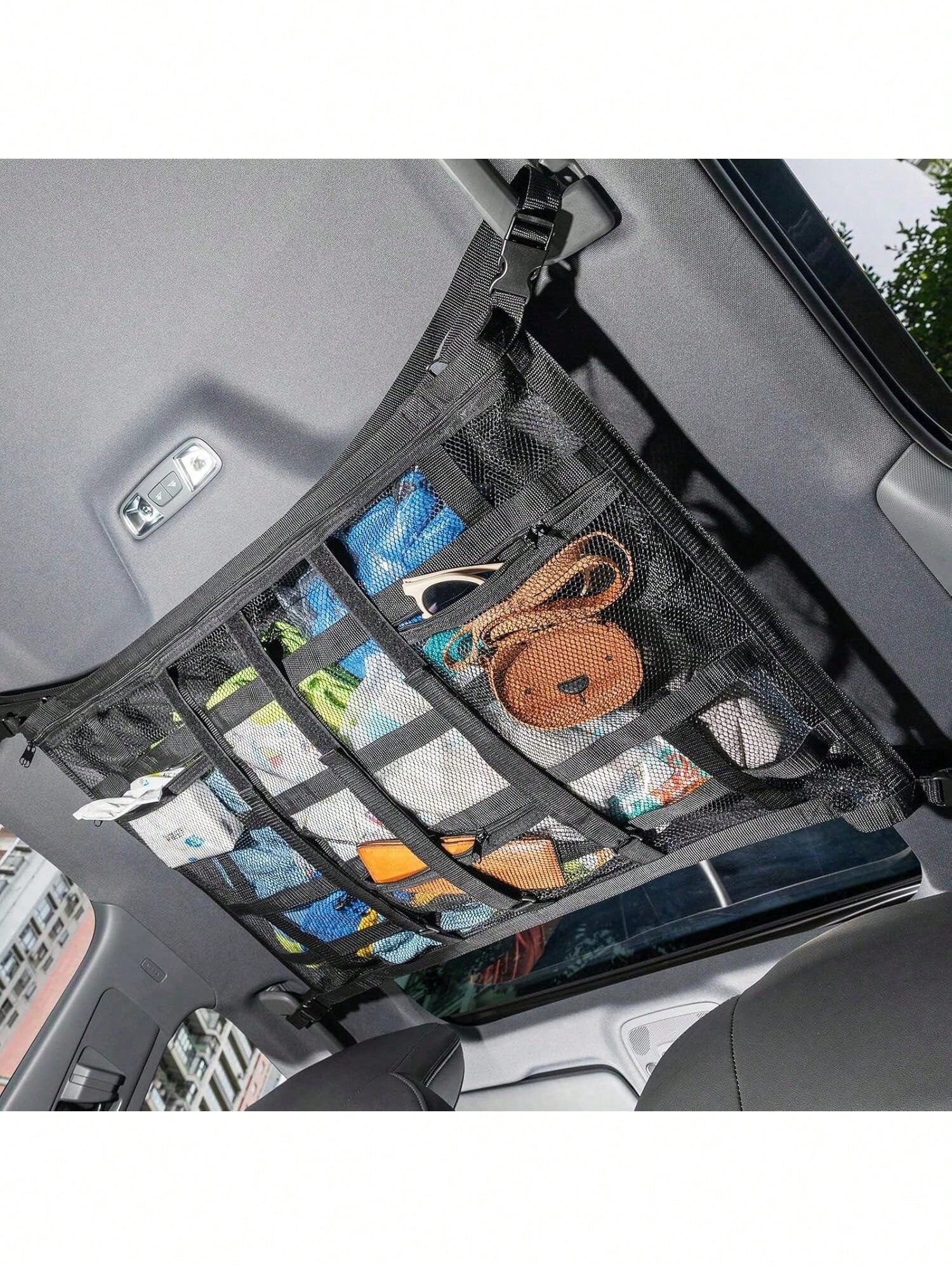 Car Overhead Mesh Storage Net For SUV Ceiling, 3 Reinforced Hook-Loop Straps & 3 Extra Pockets For Tissue Glasses Wallet, Quick No-Drill Hanging Interior Organizer, Road Trip Car Camping Essential 66C