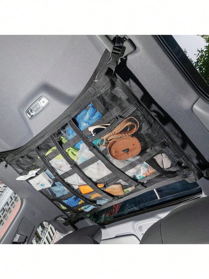 Car Overhead Mesh Storage Net For SUV Ceiling, 3 Reinforced Hook-Loop Straps & 3 Extra Pockets For Tissue Glasses Wallet, Quick No-Drill Hanging Interior Organizer, Road Trip Car Camping Essential 66C