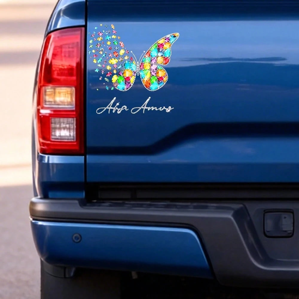 Car Stickers And Decals, Automotive Decals, Suitable For Rear Windshield, Fuel Tank Cap, And Car Doors, Colorful Butterfly With Sparkles And Name Decal, Car Accessories Window Decals Vinyl