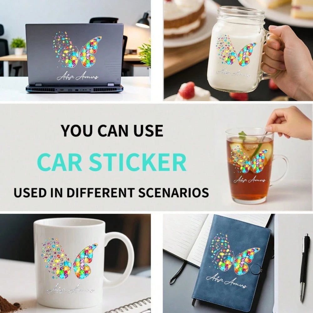 Car Stickers And Decals, Automotive Decals, Suitable For Rear Windshield, Fuel Tank Cap, And Car Doors, Colorful Butterfly With Sparkles And Name Decal, Car Accessories Window Decals Vinyl