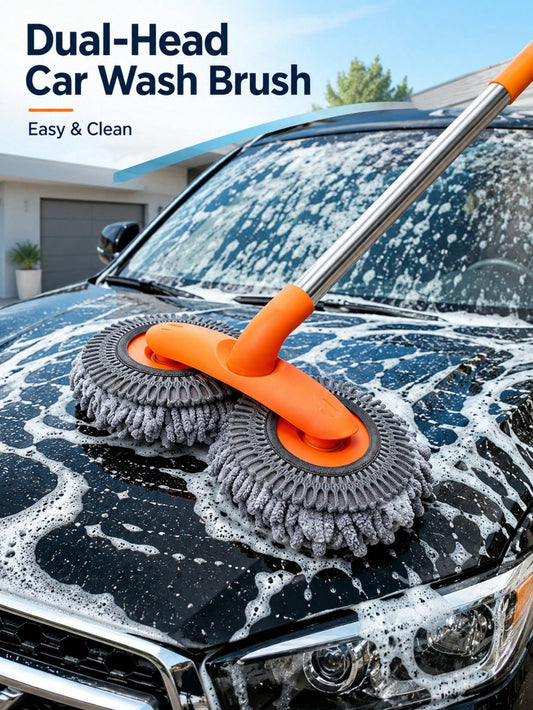 Car Wash Mop With Telescopic Long Handle And Dual Heads, 360-Degree Rotating Brush, Microfiber Windshield Cleaning Brush, RV Accessory For Car Window Cleaning (Batteries Not Included)
