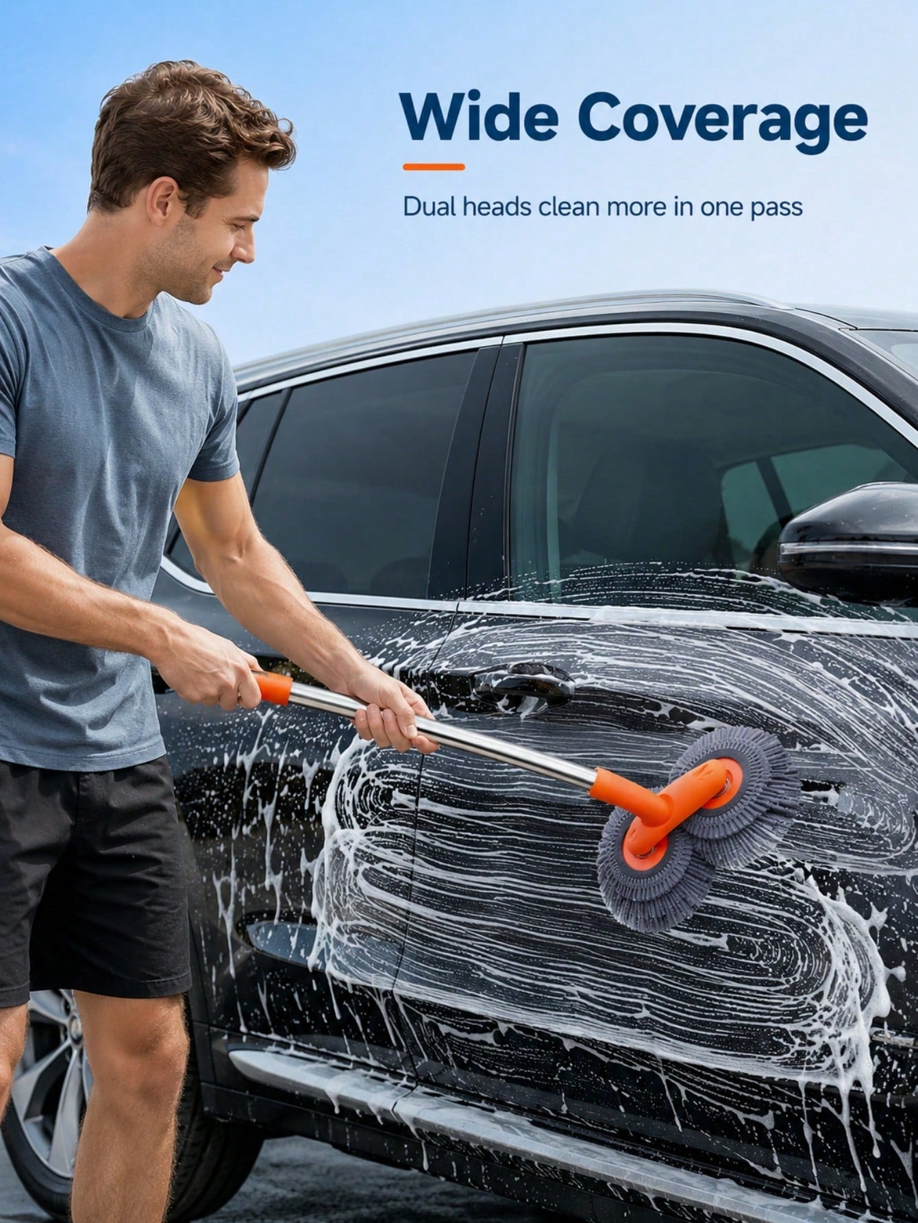 Car Wash Mop With Telescopic Long Handle And Dual Heads, 360-Degree Rotating Brush, Microfiber Windshield Cleaning Brush, RV Accessory For Car Window Cleaning (Batteries Not Included)