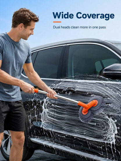 Car Wash Mop With Telescopic Long Handle And Dual Heads, 360-Degree Rotating Brush, Microfiber Windshield Cleaning Brush, RV Accessory For Car Window Cleaning (Batteries Not Included)