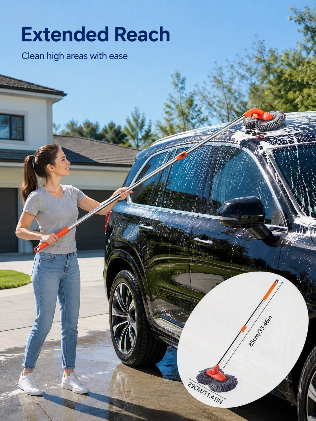 Car Wash Mop With Telescopic Long Handle And Dual Heads, 360-Degree Rotating Brush, Microfiber Windshield Cleaning Brush, RV Accessory For Car Window Cleaning (Batteries Not Included)