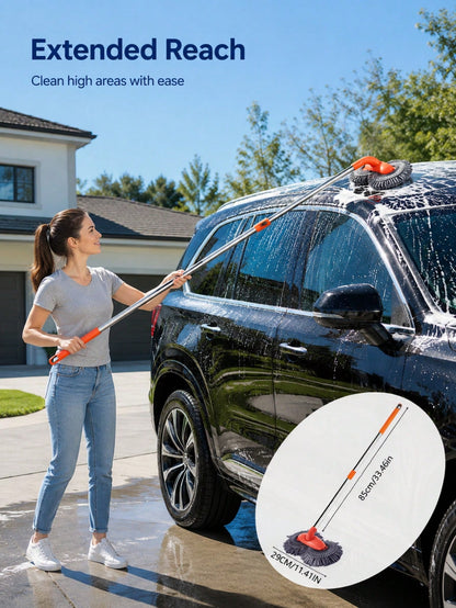 Car Wash Mop With Telescopic Long Handle And Dual Heads, 360-Degree Rotating Brush, Microfiber Windshield Cleaning Brush, RV Accessory For Car Window Cleaning (Batteries Not Included)