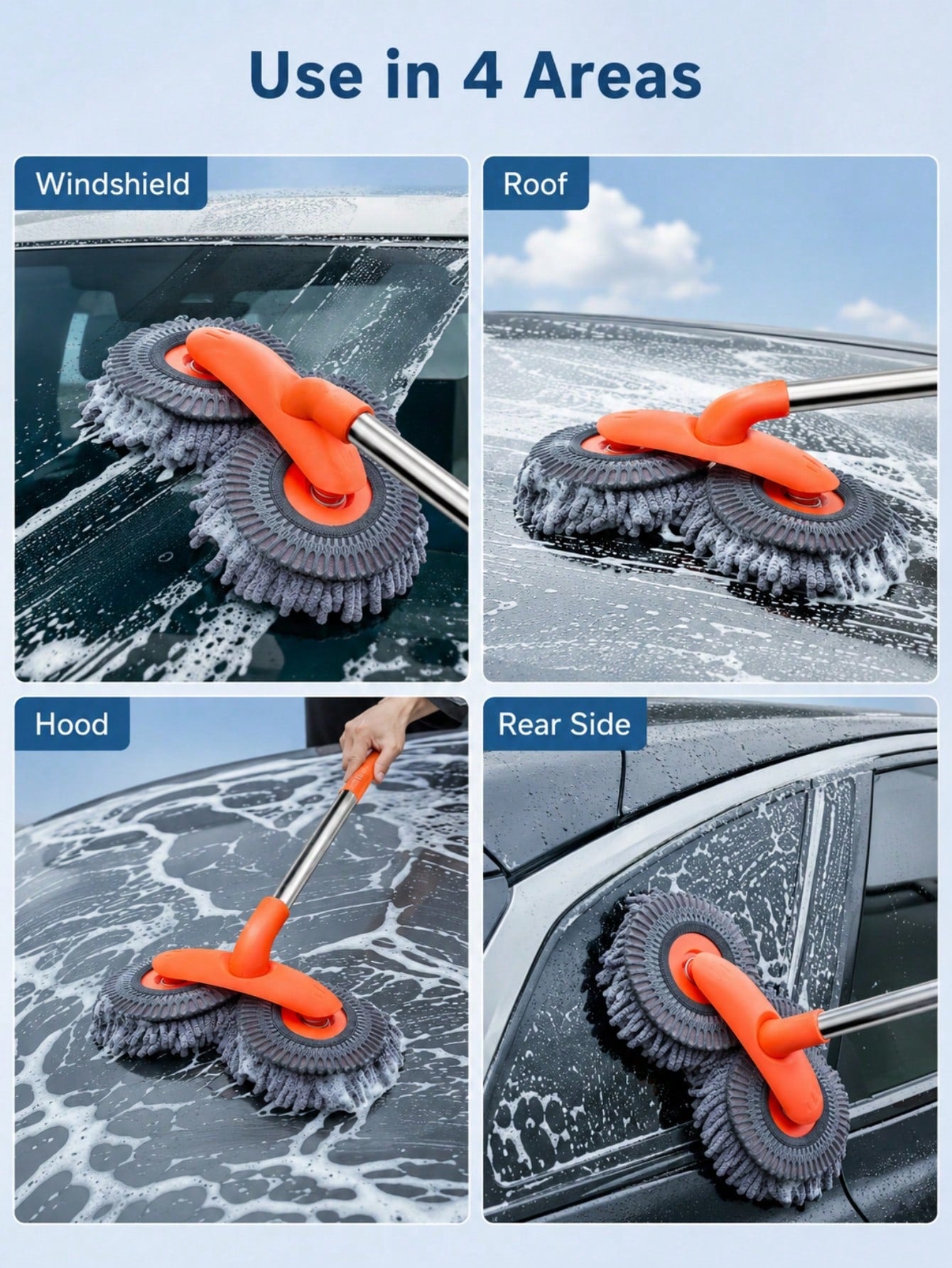 Car Wash Mop With Telescopic Long Handle And Dual Heads, 360-Degree Rotating Brush, Microfiber Windshield Cleaning Brush, RV Accessory For Car Window Cleaning (Batteries Not Included)