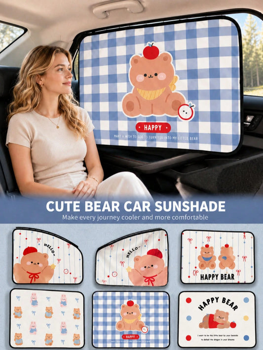Car Window Sunshade Cute Bear Side Window Sunshade With Sliding Rail UV Blocking Heat Insulation Privacy Cover Car SUV Sun Protection Window Curtain Car Interior Accessories Car Decoration