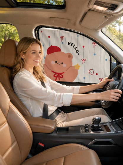 Car Window Sunshade Cute Bear Side Window Sunshade With Sliding Rail UV Blocking Heat Insulation Privacy Cover Car SUV Sun Protection Window Curtain Car Interior Accessories Car Decoration