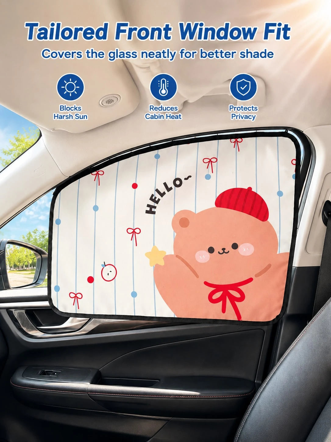 Car Window Sunshade Cute Bear Side Window Sunshade With Sliding Rail UV Blocking Heat Insulation Privacy Cover Car SUV Sun Protection Window Curtain Car Interior Accessories Car Decoration