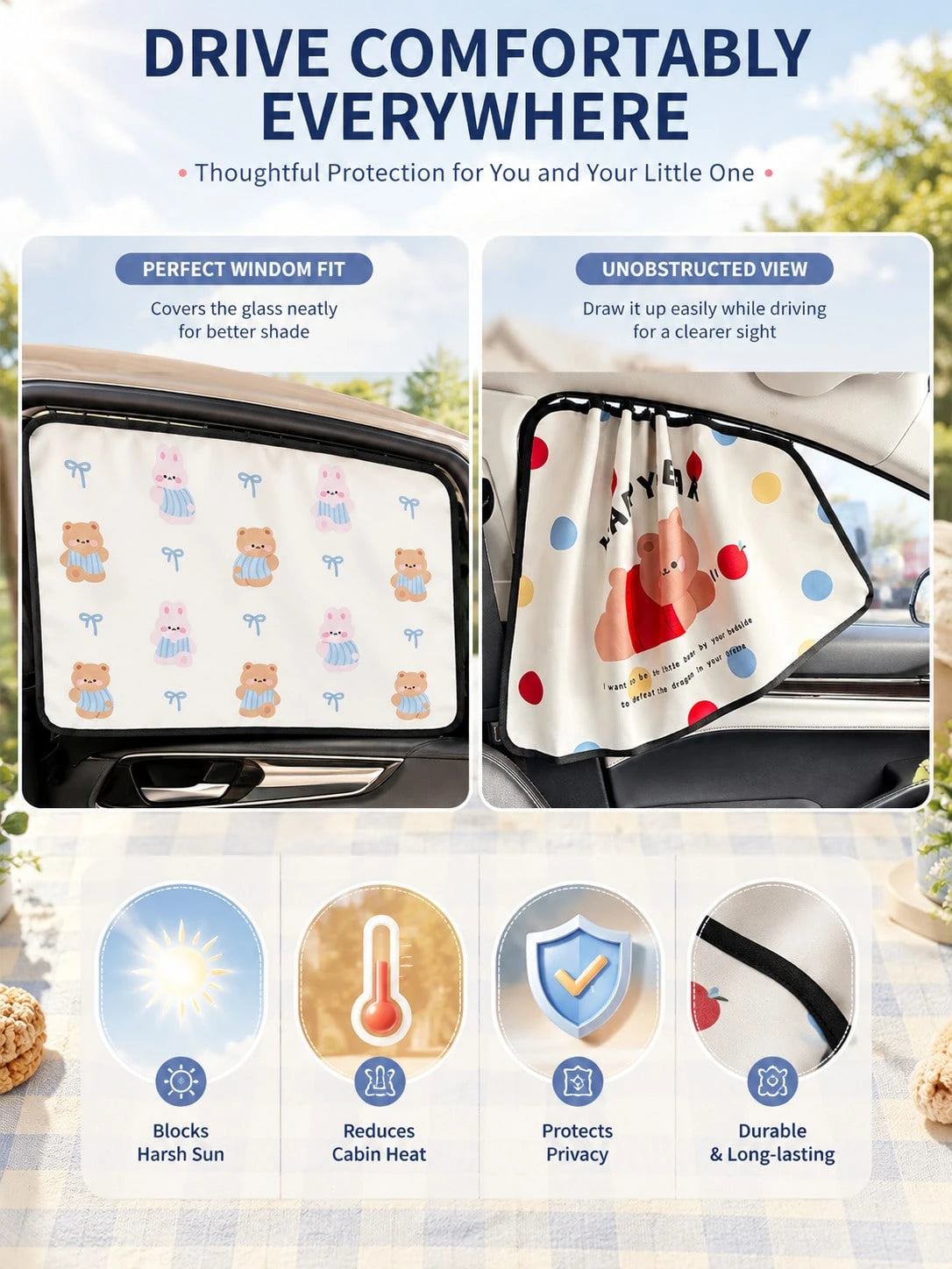 Car Window Sunshade Cute Bear Side Window Sunshade With Sliding Rail UV Blocking Heat Insulation Privacy Cover Car SUV Sun Protection Window Curtain Car Interior Accessories Car Decoration