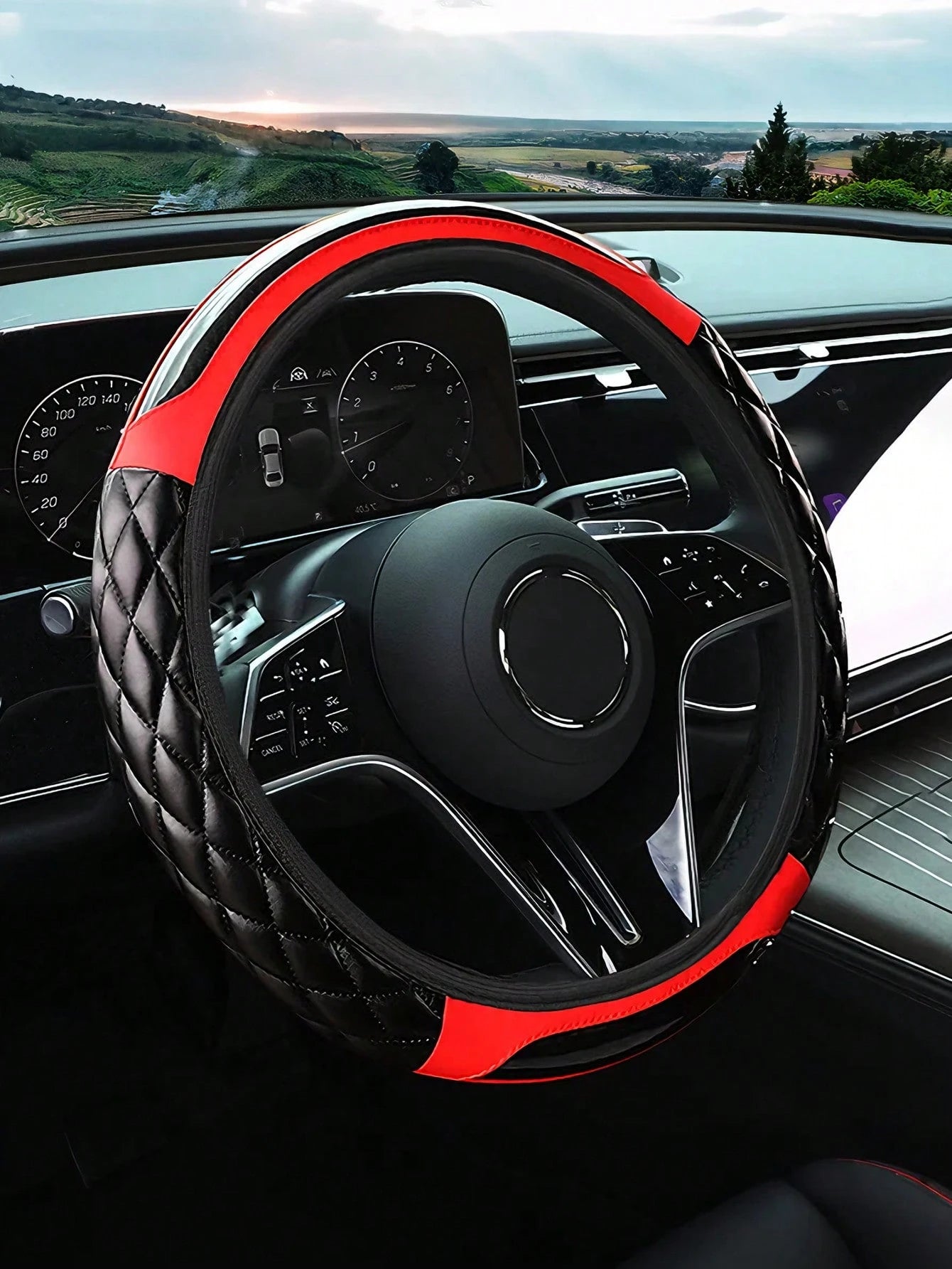 Carbon Fiber Leather Steering Wheel Cover, Soft PU Leather, Diamond Quilting, Contrast Stitching, Soft Grip With Anti-Slip Lining, Fits 14.5-15 Inch Steering Wheel, Sports Car Interior Accessory