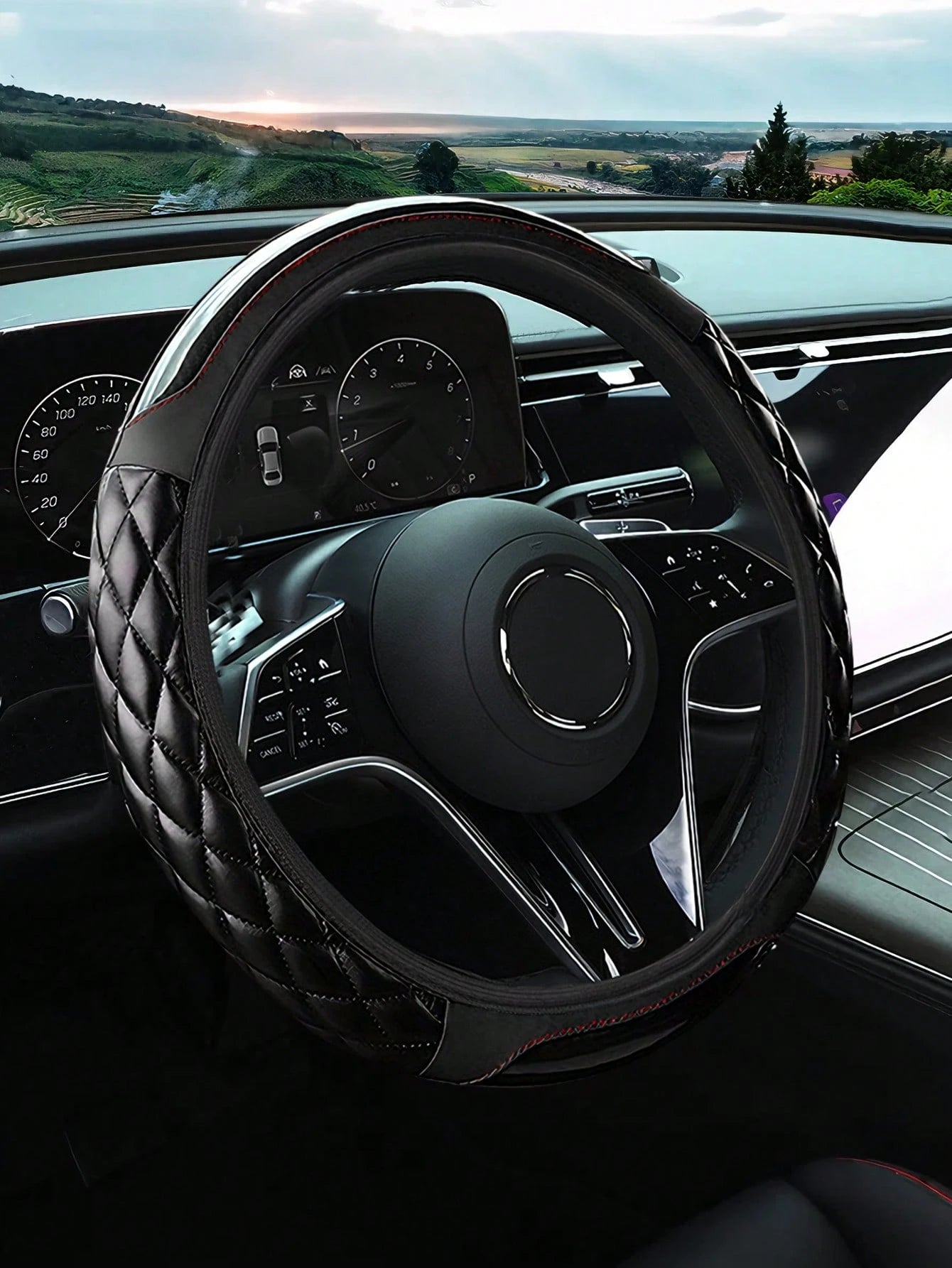 Carbon Fiber Leather Steering Wheel Cover, Soft PU Leather, Diamond Quilting, Contrast Stitching, Soft Grip With Anti-Slip Lining, Fits 14.5-15 Inch Steering Wheel, Sports Car Interior Accessory