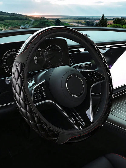 Carbon Fiber Leather Steering Wheel Cover, Soft PU Leather, Diamond Quilting, Contrast Stitching, Soft Grip With Anti-Slip Lining, Fits 14.5-15 Inch Steering Wheel, Sports Car Interior Accessory