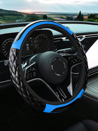 Carbon Fiber Leather Steering Wheel Cover, Soft PU Leather, Diamond Quilting, Contrast Stitching, Soft Grip With Anti-Slip Lining, Fits 14.5-15 Inch Steering Wheel, Sports Car Interior Accessory