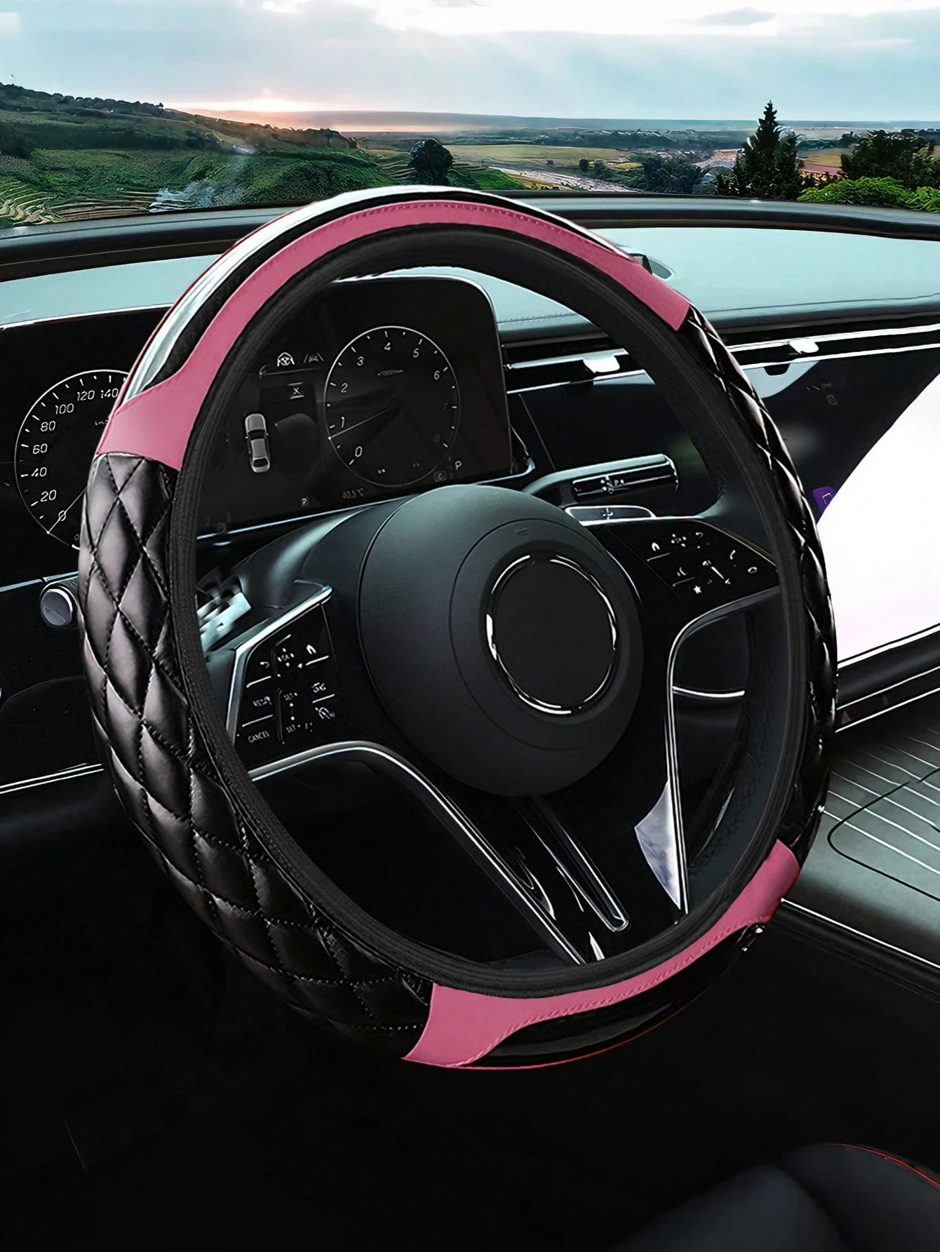 Carbon Fiber Leather Steering Wheel Cover, Soft PU Leather, Diamond Quilting, Contrast Stitching, Soft Grip With Anti-Slip Lining, Fits 14.5-15 Inch Steering Wheel, Sports Car Interior Accessory