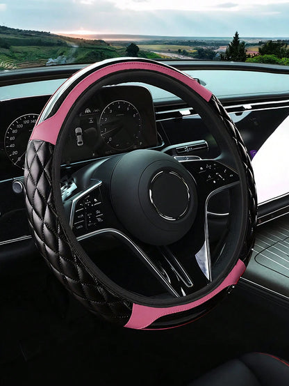 Carbon Fiber Leather Steering Wheel Cover, Soft PU Leather, Diamond Quilting, Contrast Stitching, Soft Grip With Anti-Slip Lining, Fits 14.5-15 Inch Steering Wheel, Sports Car Interior Accessory