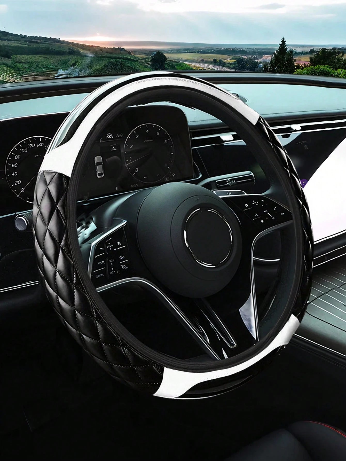 Carbon Fiber Leather Steering Wheel Cover, Soft PU Leather, Diamond Quilting, Contrast Stitching, Soft Grip With Anti-Slip Lining, Fits 14.5-15 Inch Steering Wheel, Sports Car Interior Accessory