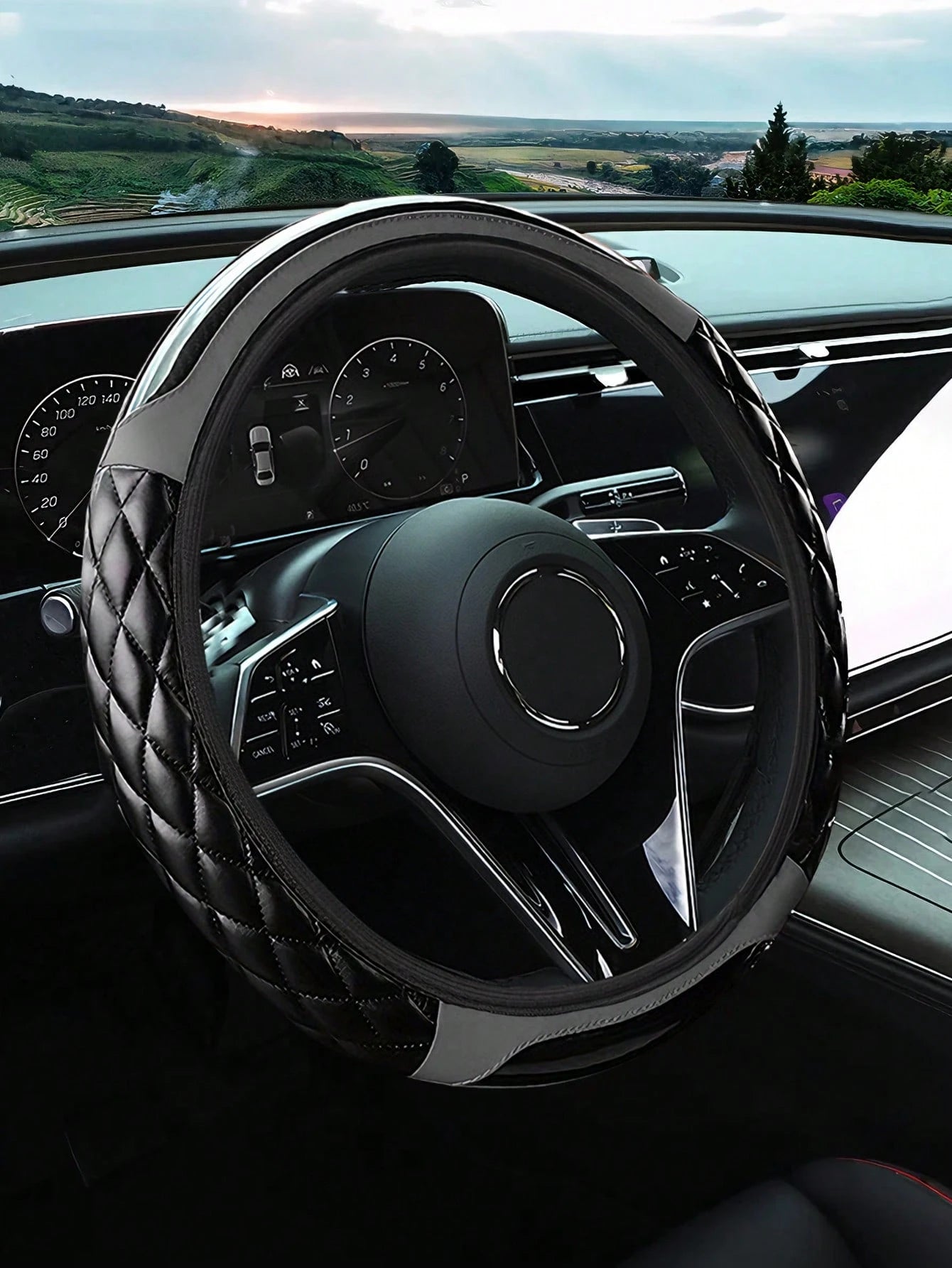 Carbon Fiber Leather Steering Wheel Cover, Soft PU Leather, Diamond Quilting, Contrast Stitching, Soft Grip With Anti-Slip Lining, Fits 14.5-15 Inch Steering Wheel, Sports Car Interior Accessory