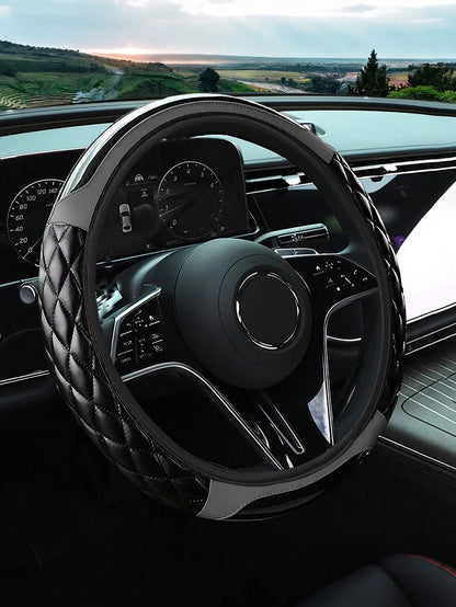 Carbon Fiber Leather Steering Wheel Cover, Soft PU Leather, Diamond Quilting, Contrast Stitching, Soft Grip With Anti-Slip Lining, Fits 14.5-15 Inch Steering Wheel, Sports Car Interior Accessory