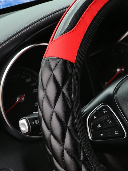 Carbon Fiber Leather Steering Wheel Cover, Soft PU Leather, Diamond Quilting, Contrast Stitching, Soft Grip With Anti-Slip Lining, Fits 14.5-15 Inch Steering Wheel, Sports Car Interior Accessory