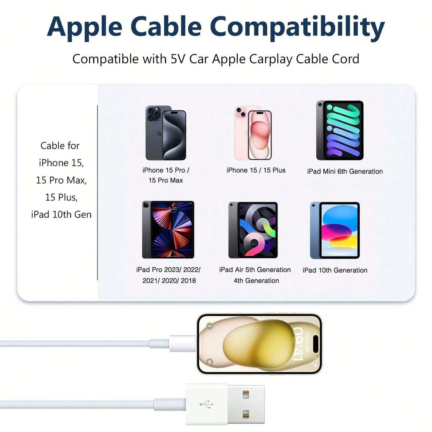 Carplay Cable Compatible With IPhone 16 17 USB A To USB C Cable, Suitable For 17 Air/17 16 15 Pro Max, Plus, Pro 12.9/11, 10th Gen, Air 5/4th Gen, Mini 6th Gen Charger Car Charging Cable