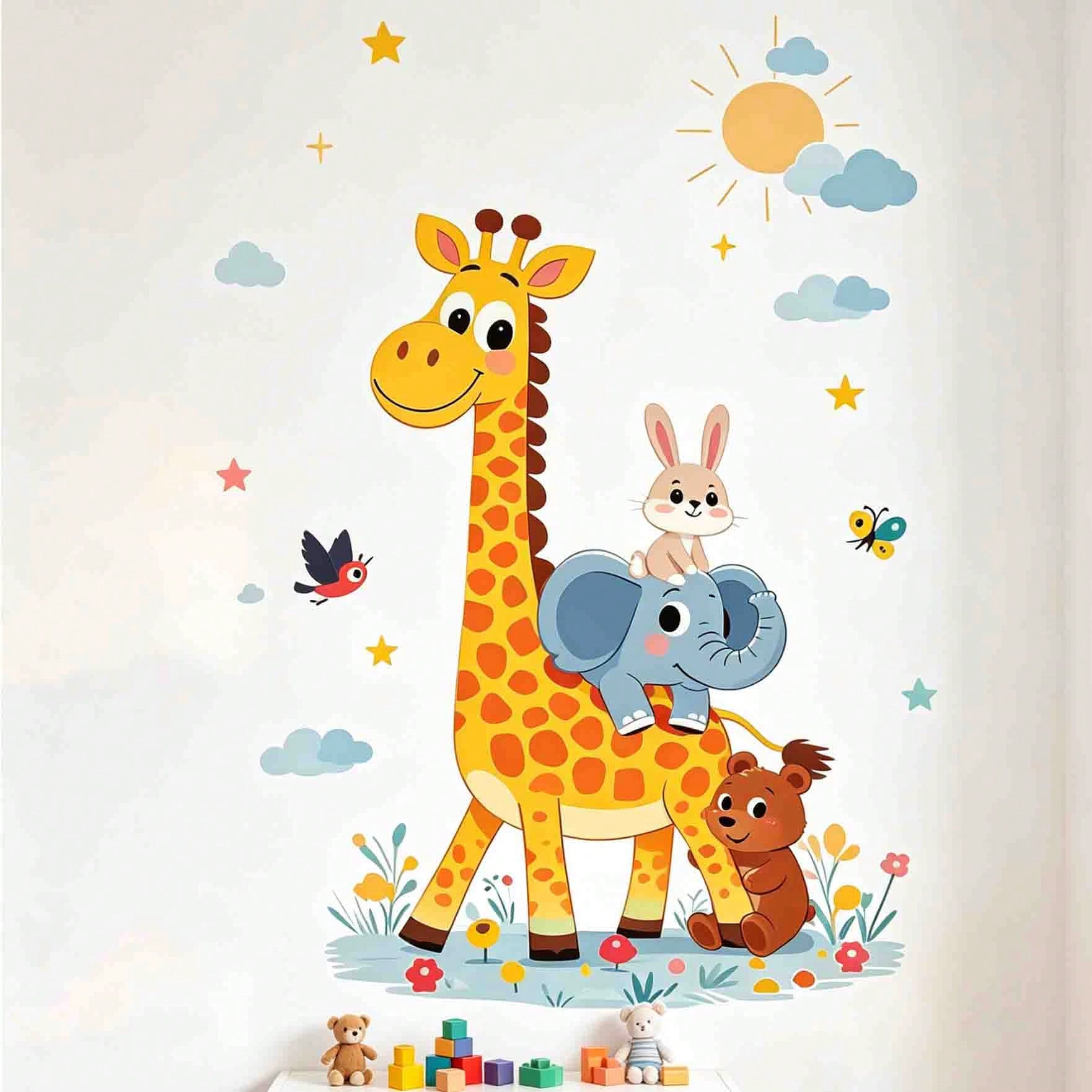 Cartoon Giraffe Sun Cloud Wall Decal For Children's Rooms And Kindergartens, Self-Adhesive Decorative Wall Sticker.