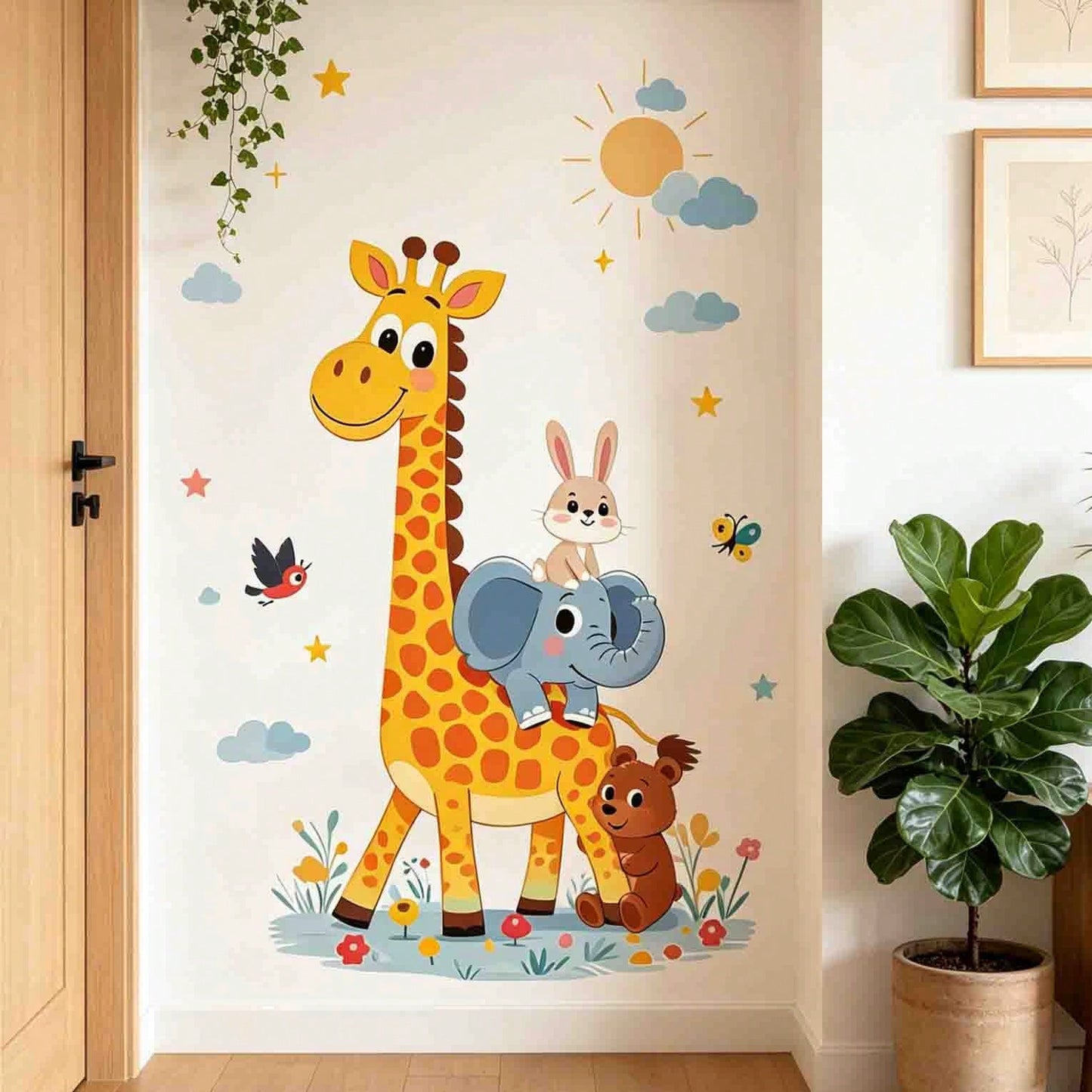 Cartoon Giraffe Sun Cloud Wall Decal For Children's Rooms And Kindergartens, Self-Adhesive Decorative Wall Sticker.