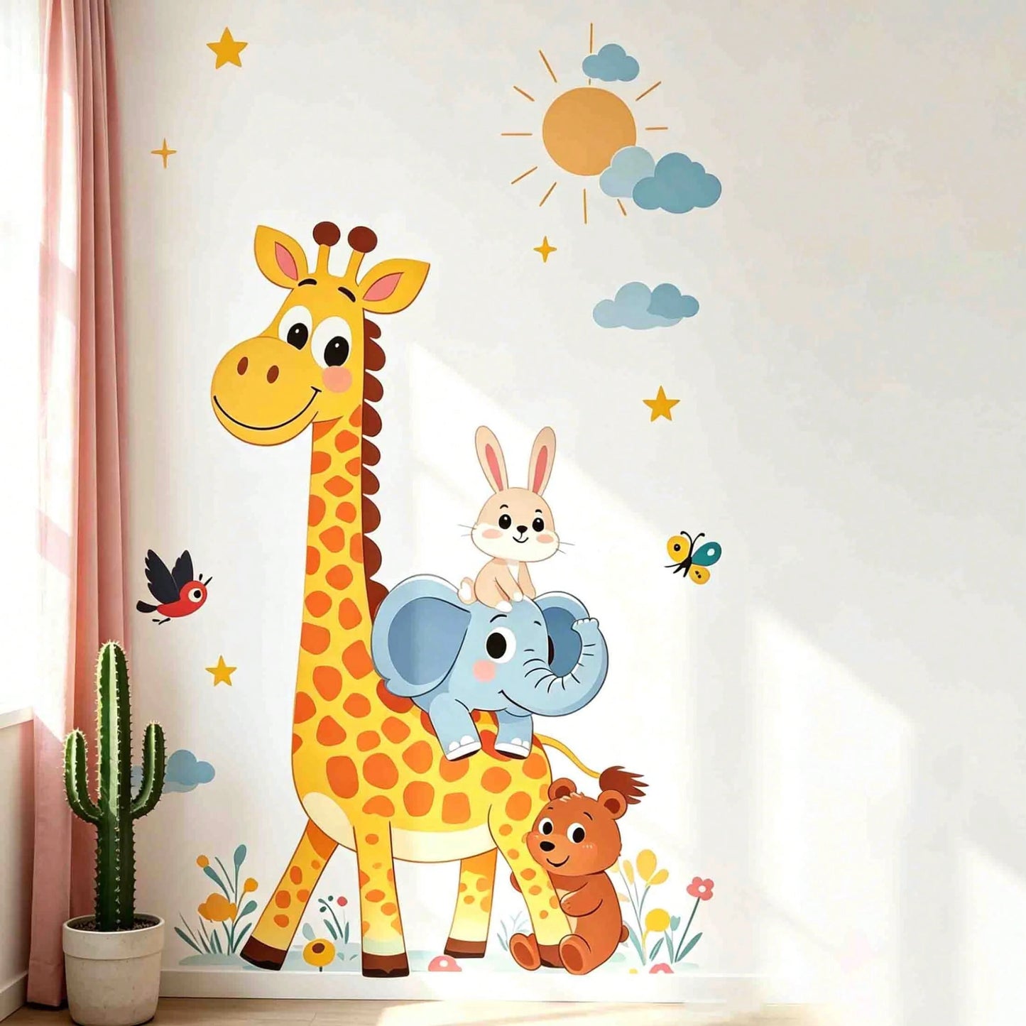 Cartoon Giraffe Sun Cloud Wall Decal For Children's Rooms And Kindergartens, Self-Adhesive Decorative Wall Sticker.