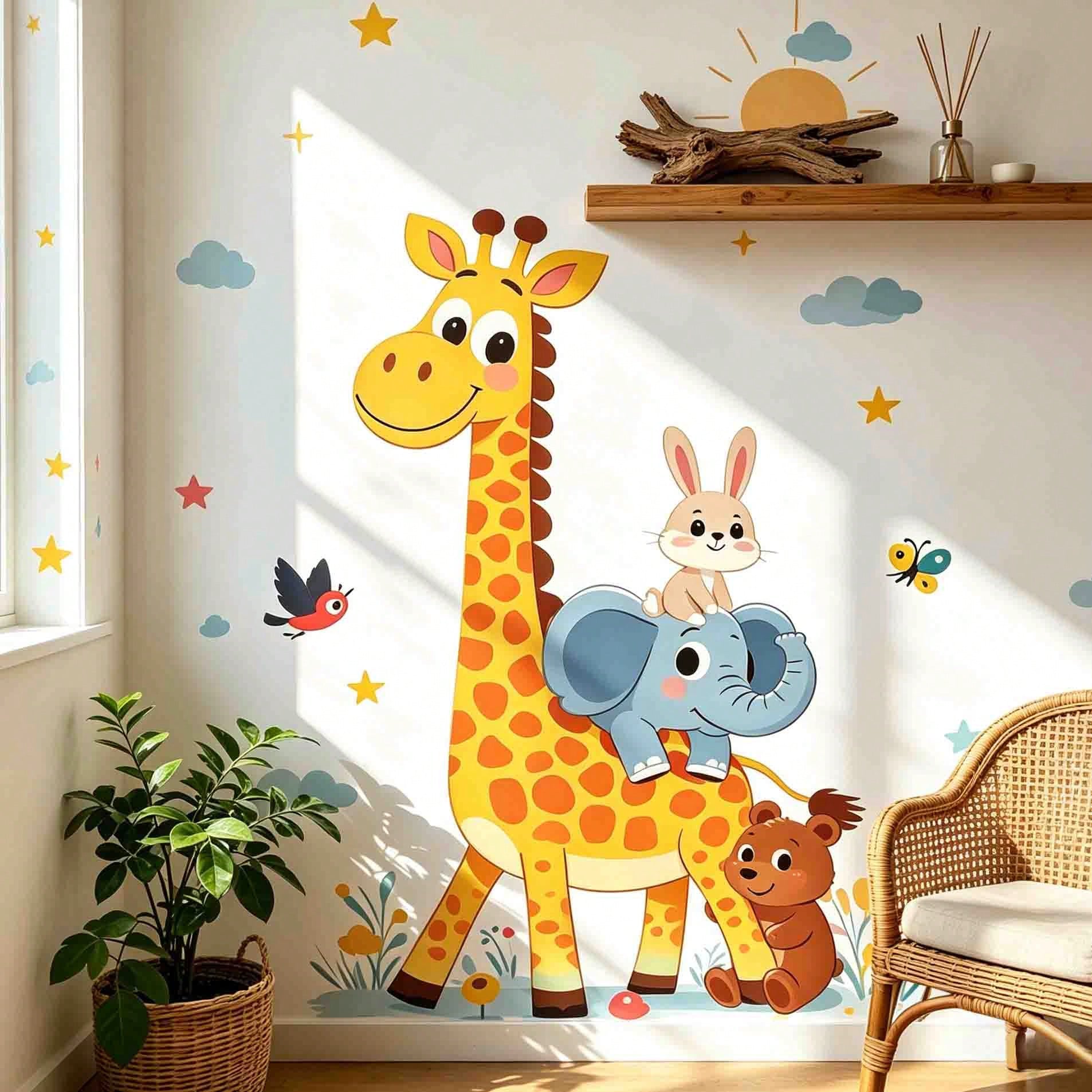 Cartoon Giraffe Sun Cloud Wall Decal For Children's Rooms And Kindergartens, Self-Adhesive Decorative Wall Sticker.