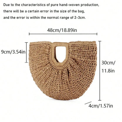 Casual Rattan Wicker Tote Bag Large Capacity Woven Designer Beach Bag Women's Straw Summer Half-Moon Beach Handbag Shopper Tote