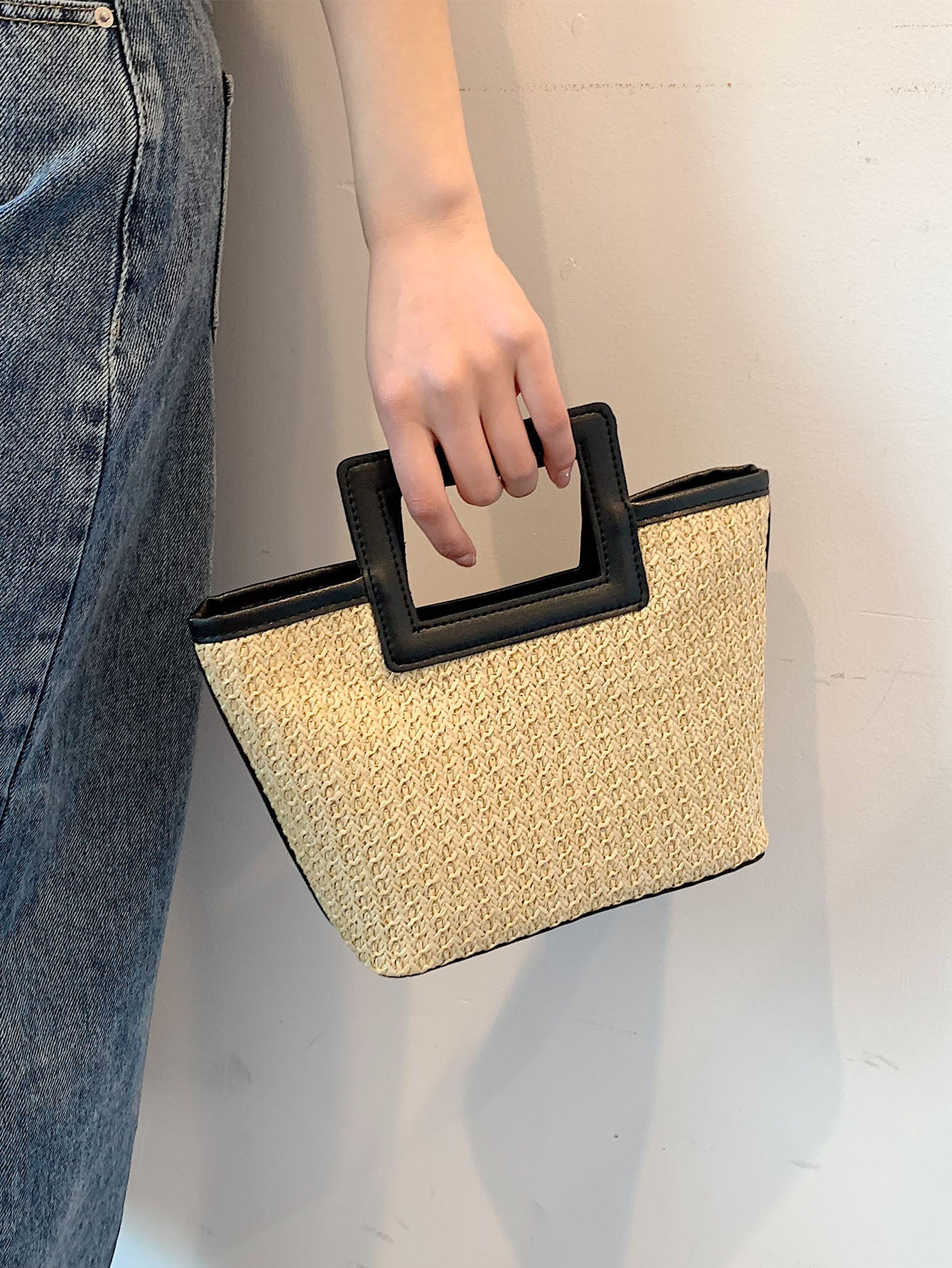 Casual Solid Color Contrast Binding Double Handle Straw Bag, For Women, Rookies & White-Collar Workers,For Lady,For Female Portable For Business/Commute/Work/Office,For Festivals/Vacation/Holiday,For