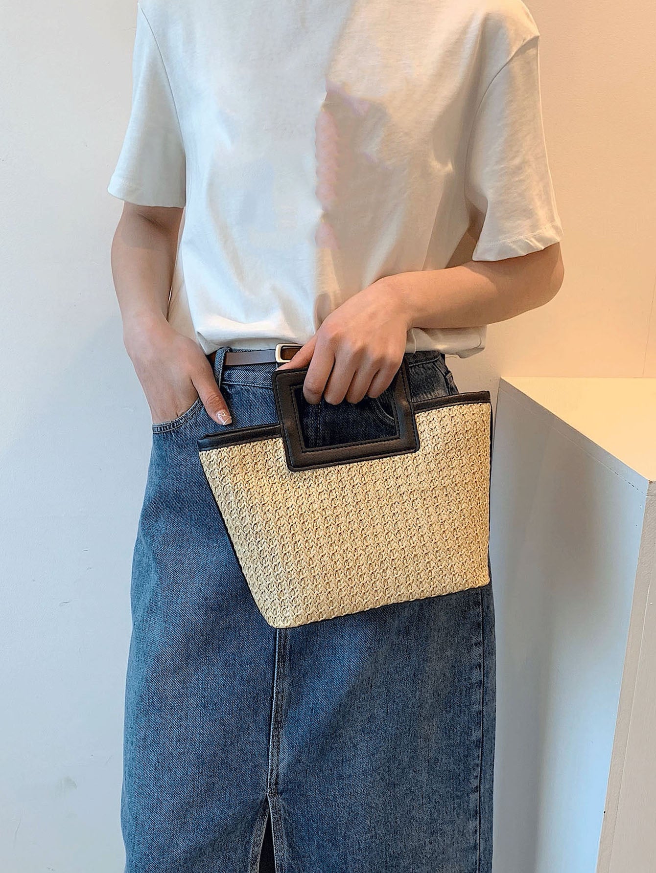 Casual Solid Color Contrast Binding Double Handle Straw Bag, For Women, Rookies & White-Collar Workers,For Lady,For Female Portable For Business/Commute/Work/Office,For Festivals/Vacation/Holiday,For