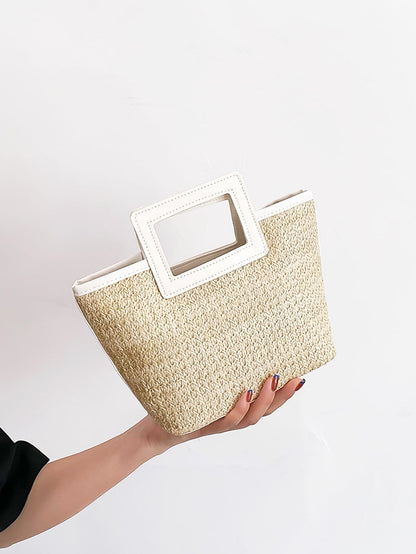 Casual Solid Color Contrast Binding Double Handle Straw Bag, For Women, Rookies & White-Collar Workers,For Lady,For Female Portable For Business/Commute/Work/Office,For Festivals/Vacation/Holiday,For