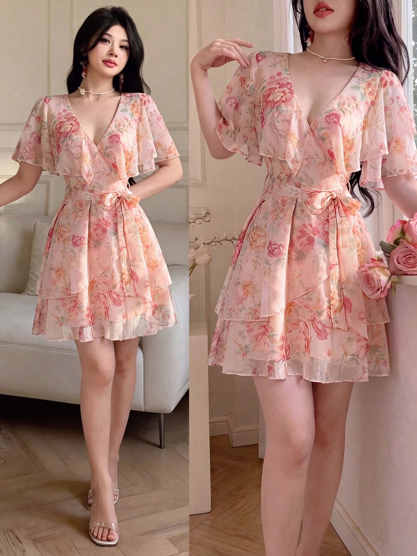 Celisse Women Floral Pink Floral DressFloral Tulle Dress With Tie Waist For Slim Fit, Versatile Flattering Elegant Cute Graduation Party Date Tea Party Summer