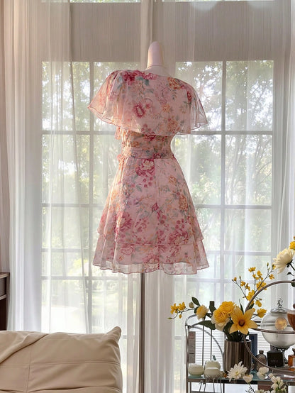 Celisse Women Floral Pink Floral DressFloral Tulle Dress With Tie Waist For Slim Fit, Versatile Flattering Elegant Cute Graduation Party Date Tea Party Summer